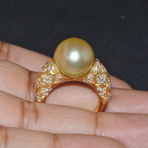 Certified Natural 1.31Cts VS F Diamond 13MM South Sea Pearl 18K Solid Gold Ring - Picture 2 of 10